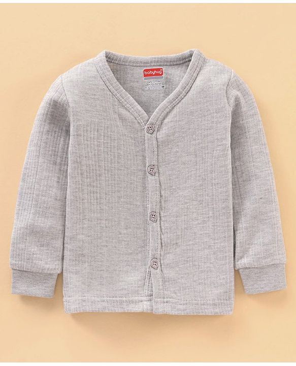 Babyhug Full Sleeves Front Open and Pullover Solid Color Thermal Wear - Light Grey