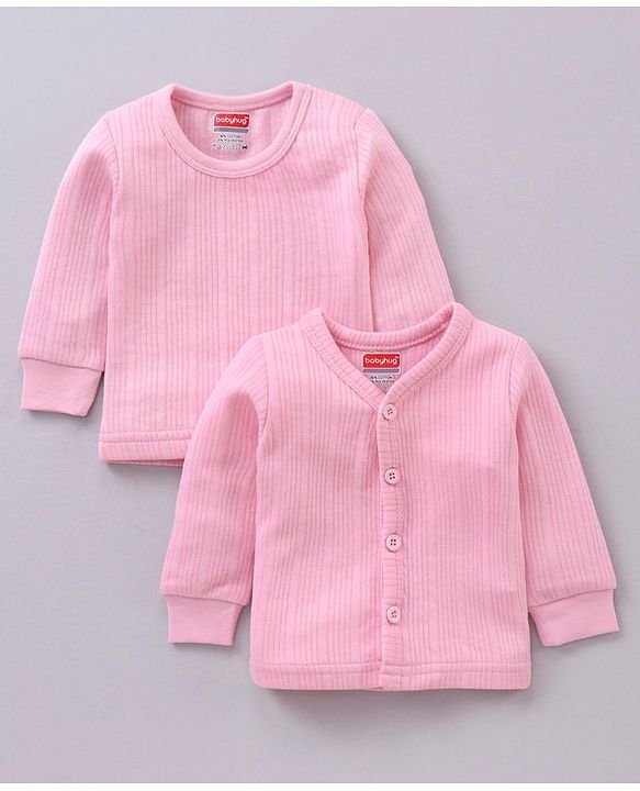 Babyhug Full Sleeves Front Open and Pullover Solid Color Thermal Wear Pack Of 2 - Pink