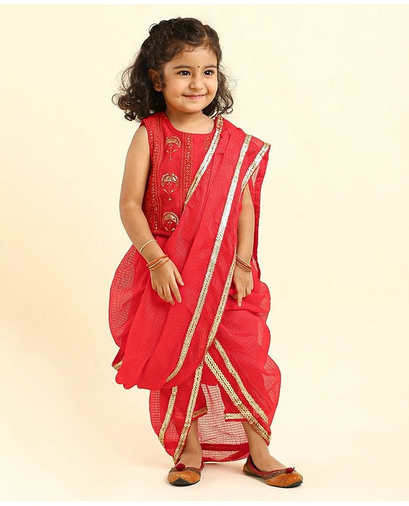 Babyhug Sleeveless Blouse And Sequins Bordered Saree - Red