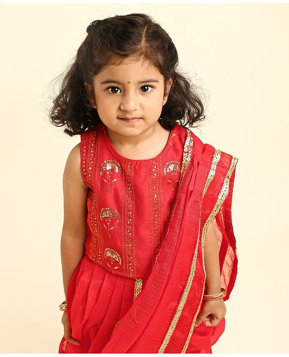 Babyhug Sleeveless Blouse And Sequins Bordered Saree - Red