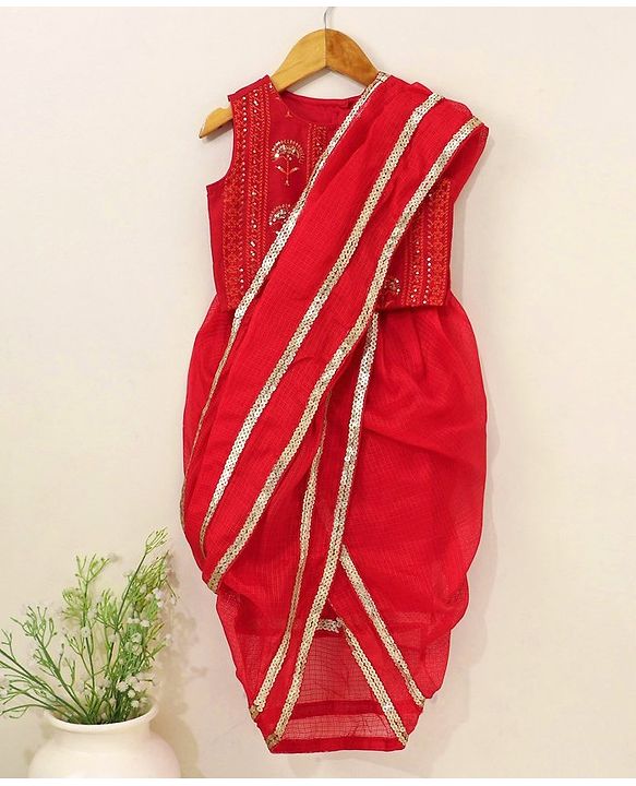 Babyhug Sleeveless Blouse And Sequins Bordered Saree - Red