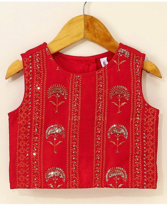 Babyhug Sleeveless Blouse And Sequins Bordered Saree - Red