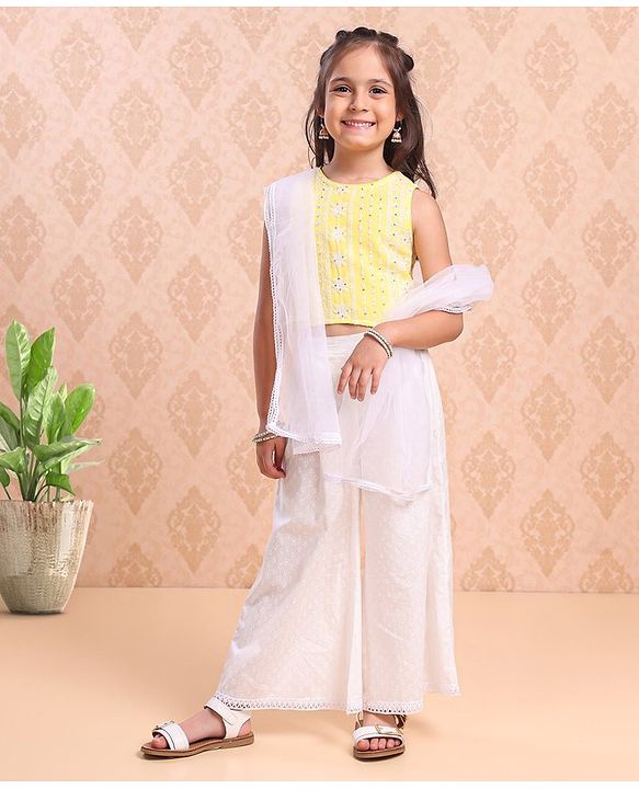 Babyhug Sleeveless Top & Palazzo With Net Dupatta Floral Embroidered - Yellow