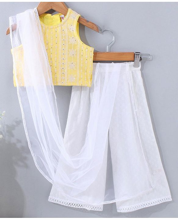 Babyhug Sleeveless Top & Palazzo With Net Dupatta Floral Embroidered - Yellow
