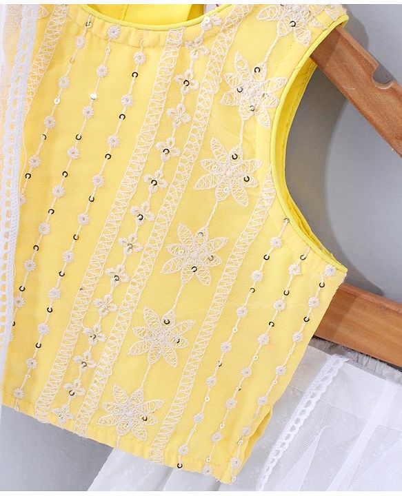 Babyhug Sleeveless Top & Palazzo With Net Dupatta Floral Embroidered - Yellow