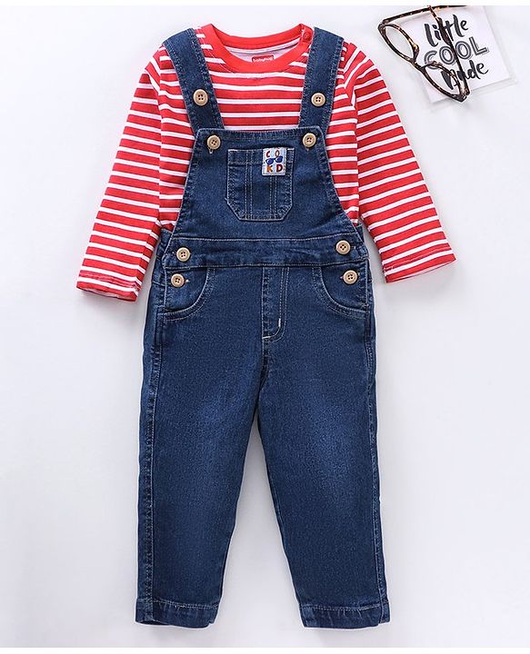 Babyhug Full Sleeves Striped T-Shirt and Dungaree Set Multiprint - Multicolor Blue