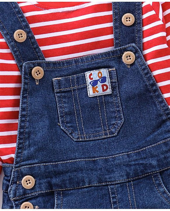 Babyhug Full Sleeves Striped T-Shirt and Dungaree Set Multiprint - Multicolor Blue