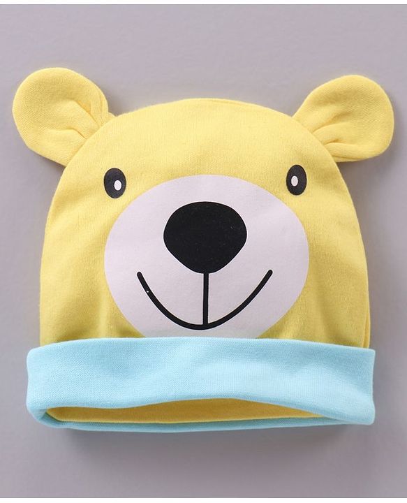 Babyhug 100% Cotton Cap Mittens & Booties Bear Print Yellow - Diameter 10.5 cm