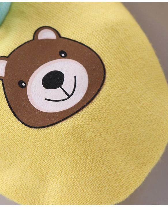 Babyhug 100% Cotton Cap Mittens & Booties Bear Print Yellow - Diameter 10.5 cm