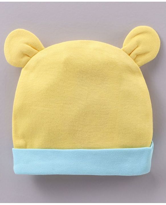 Babyhug 100% Cotton Cap Mittens & Booties Bear Print Yellow - Diameter 11 cm