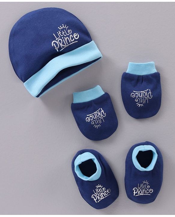 Babyhug 100% Cotton Cap Mittens And Booties Navy Blue - Cap Diameter 11.5 cm