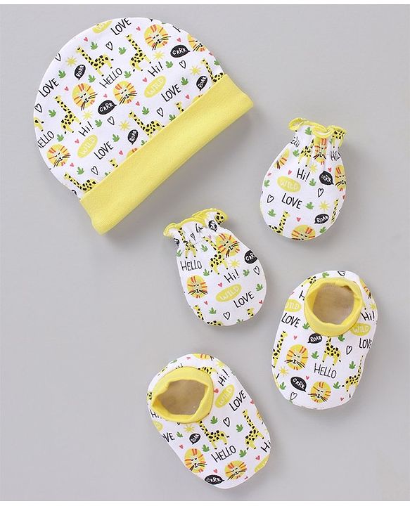 Babyhug 100% Cotton Cap Mittens And Booties White Yellow - Cap Diameter 11.5 cm