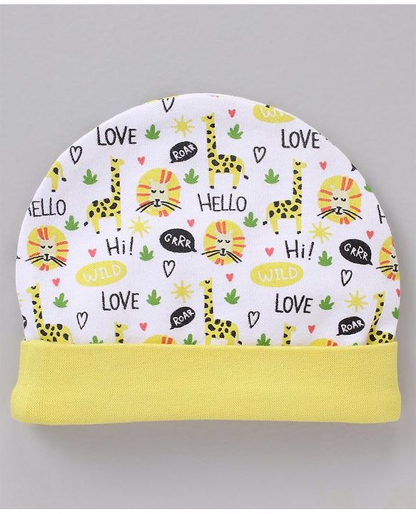 Babyhug 100% Cotton Cap Mittens And Booties White Yellow - Cap Diameter 11.5 cm