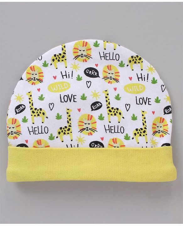 Babyhug 100% Cotton Cap Mittens And Booties White Yellow - Cap Diameter 11.5 cm