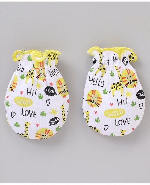 Babyhug 100% Cotton Cap Mittens And Booties White Yellow - Cap Diameter 11.5 cm