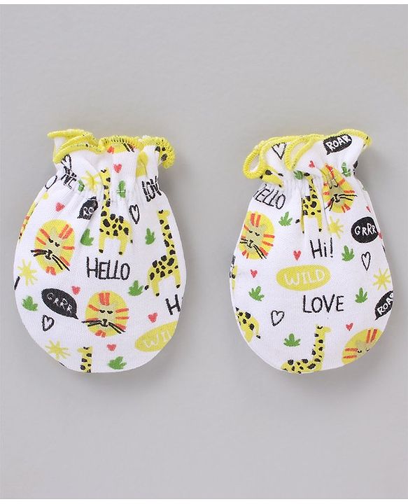 Babyhug 100% Cotton Cap Mittens And Booties White Yellow - Cap Diameter 11.5 cm