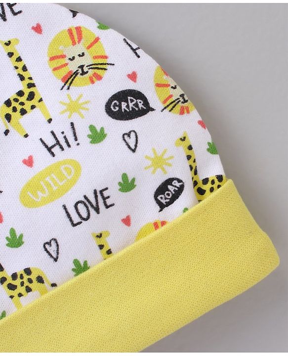 Babyhug 100% Cotton Cap Mittens And Booties White Yellow - Cap Diameter 11.5 cm