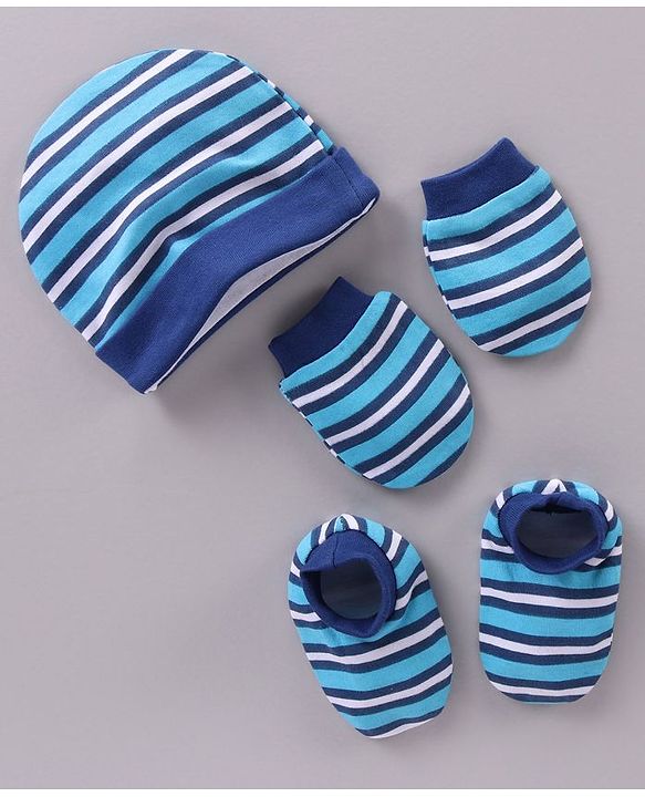 Babyhug 100% Cotton Cap Mittens & Booties Striped Blue - Diameter 11 cm