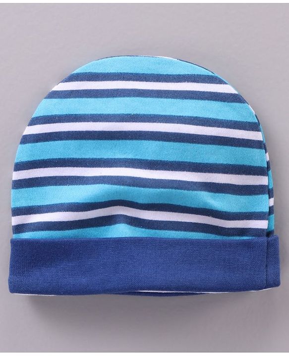Babyhug 100% Cotton Cap Mittens & Booties Striped Blue - Diameter 11 cm