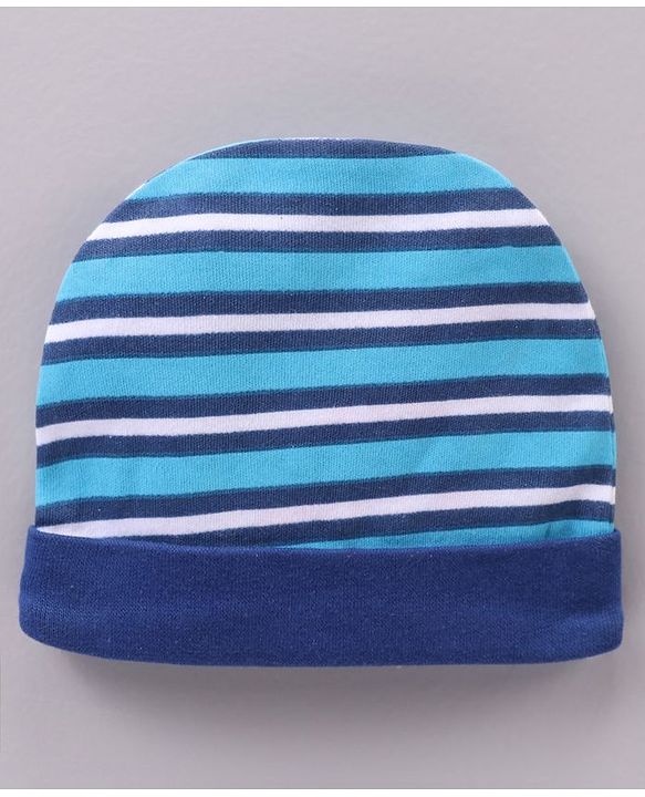 Babyhug 100% Cotton Cap Mittens & Booties Striped Blue - Diameter 11 cm
