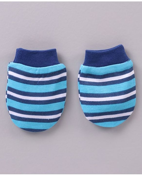Babyhug 100% Cotton Cap Mittens & Booties Striped Blue - Diameter 11 cm
