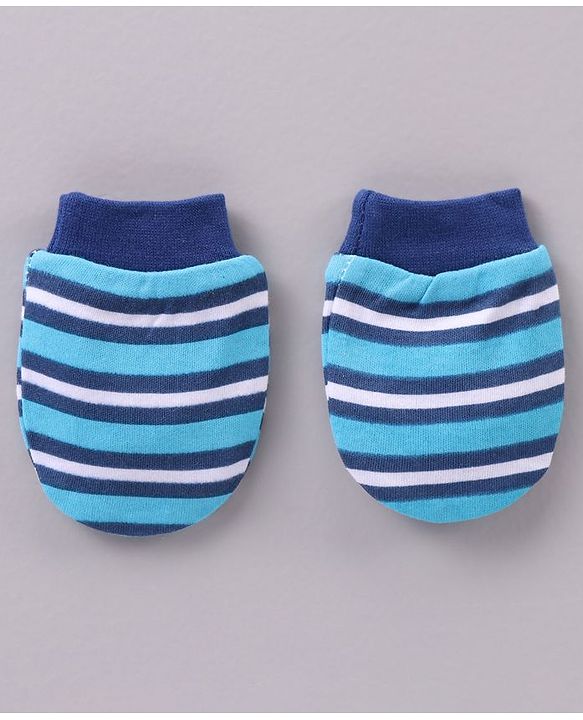 Babyhug 100% Cotton Cap Mittens & Booties Striped Blue - Diameter 11 cm