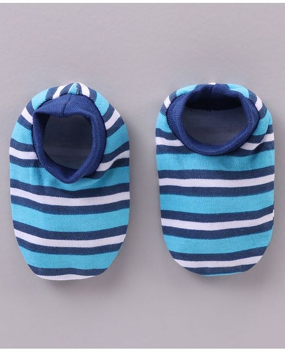 Babyhug 100% Cotton Cap Mittens & Booties Striped Blue - Diameter 11 cm