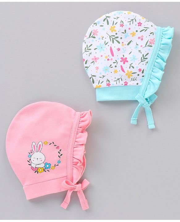 Babyhug 100% Cotton Knit Tie Knot Caps Floral Printed Pack of 2 Pink White- Diameter 6.5 cm