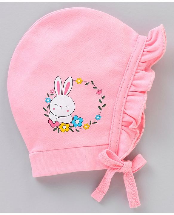 Babyhug 100% Cotton Knit Tie Knot Caps Floral Printed Pack of 2 Pink White- Diameter 6.5 cm