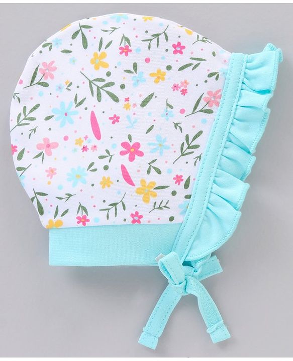 Babyhug 100% Cotton Knit Tie Knot Caps Floral Printed Pack of 2 Pink White- Diameter 6.5 cm