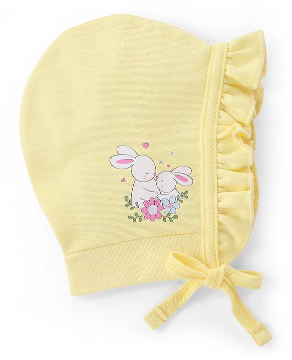 Babyhug 100% Cotton Knit Tie Knot Caps Striped And Rabbit Printed Pack of 2 Pink Yellow- Diameter 12 cm