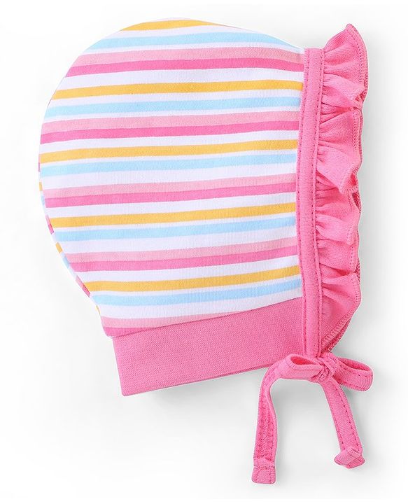 Babyhug 100% Cotton Knit Tie Knot Caps Striped And Rabbit Printed Pack of 2 Pink Yellow- Diameter 12 cm