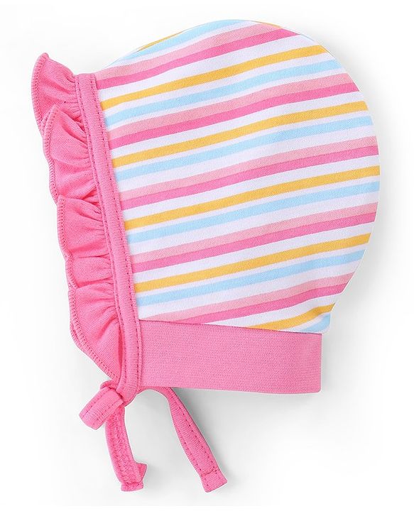 Babyhug 100% Cotton Knit Tie Knot Caps Striped And Rabbit Printed Pack of 2 Pink Yellow- Diameter 12 cm