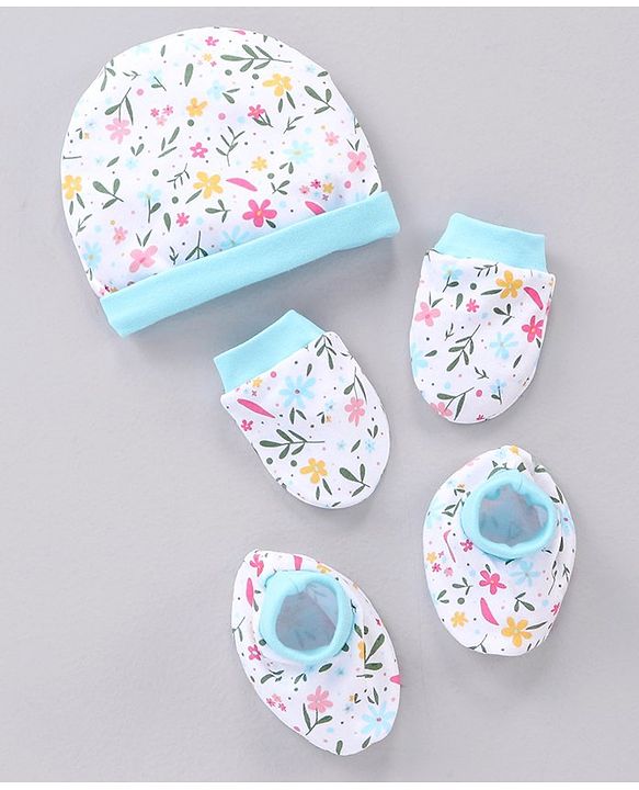 Babyhug 100% Cotton Cap & Mittens With Booties Floral Print Blue - Diameter 11.5 cm