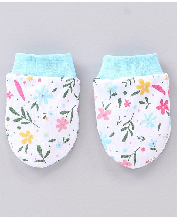 Babyhug 100% Cotton Cap & Mittens With Booties Floral Print Blue - Diameter 11.5 cm