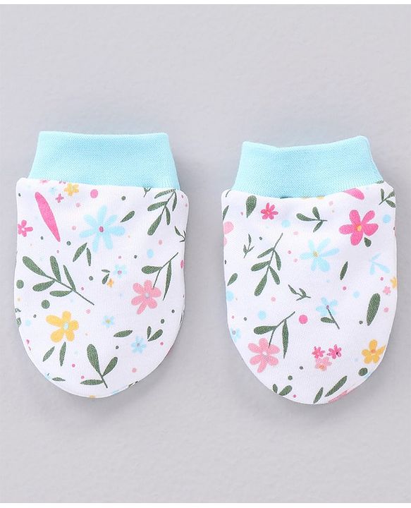 Babyhug 100% Cotton Cap & Mittens With Booties Floral Print Blue - Diameter 11.5 cm