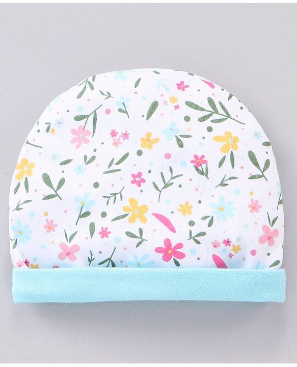 Babyhug 100% Cotton Cap & Mittens With Booties Floral Print Blue - Diameter 11.5 cm