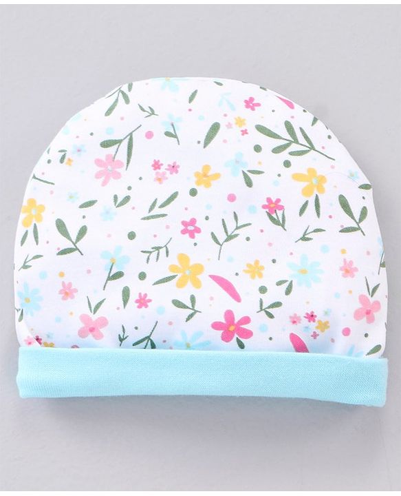 Babyhug 100% Cotton Cap & Mittens With Booties Floral Print Blue - Diameter 11.5 cm