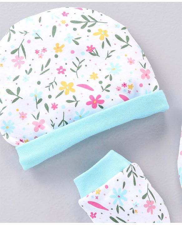 Babyhug 100% Cotton Cap & Mittens With Booties Floral Print Blue - Diameter 11.5 cm