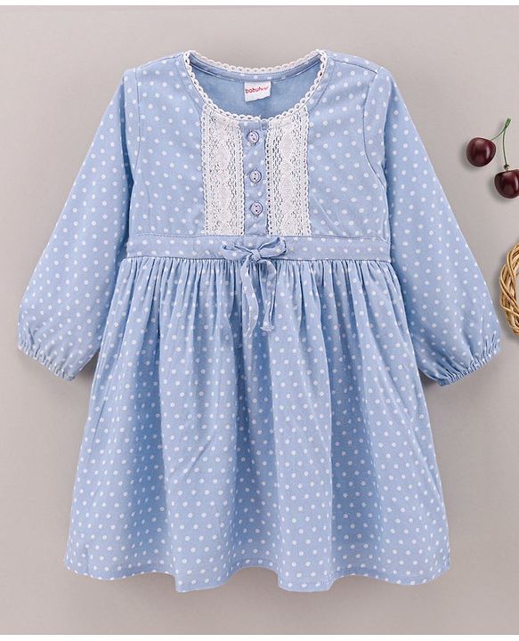 Babyhug 100% Rayon Full Sleeves Polka Dots Frock - Blue