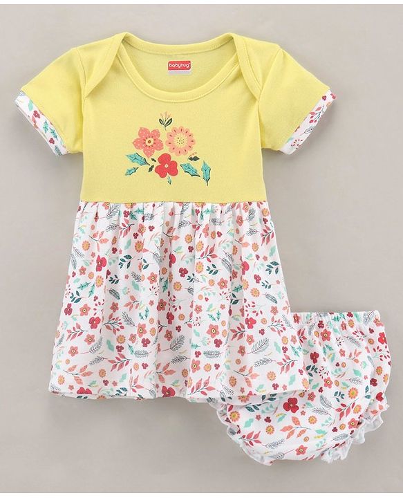 Babyhug 100% Cotton Knit Half Sleeves Frock Floral Print With bloomer- Yellow