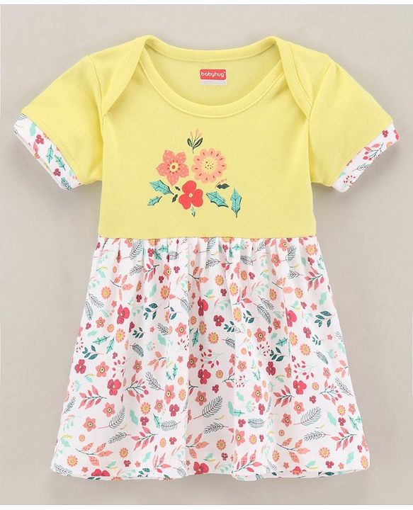 Babyhug 100% Cotton Knit Half Sleeves Frock Floral Print With bloomer- Yellow