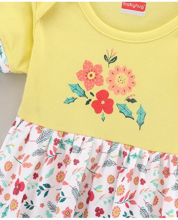 Babyhug 100% Cotton Knit Half Sleeves Frock Floral Print With bloomer- Yellow