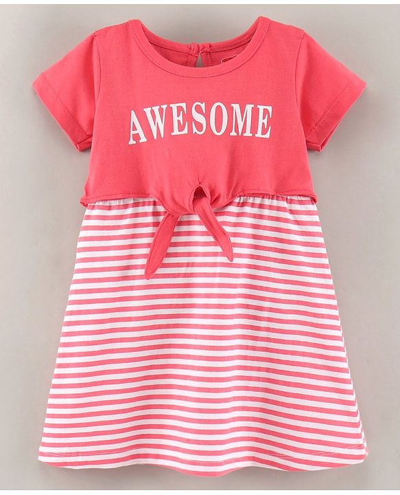 Babyhug Half Sleeves 100% Cotton Frock Awesome Print - Pink