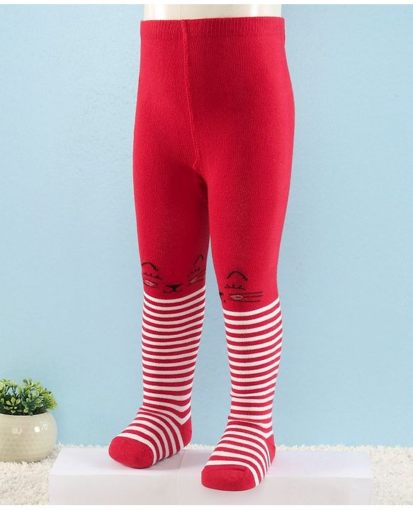 Cute Walk by Babyhug Full Length Anti-Bacterial Striped Tights - White And Red