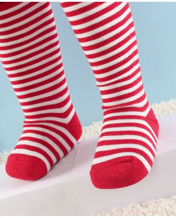 Cute Walk by Babyhug Full Length Anti-Bacterial Striped Tights - White And Red