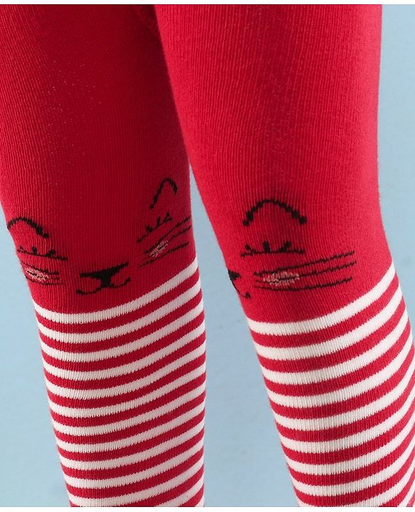 Cute Walk by Babyhug Full Length Anti-Bacterial Striped Tights - White And Red