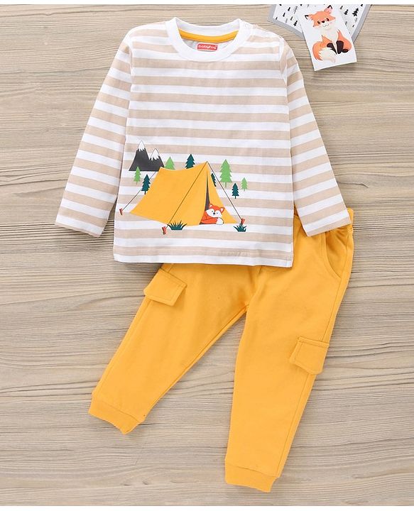 Babyhug Full Sleeves Striped Tee & Joggers Set Fox Print - White Orange