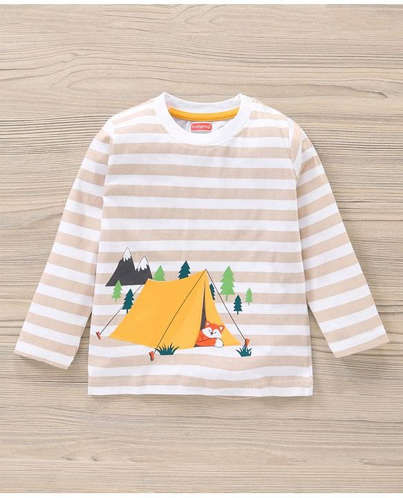 Babyhug Full Sleeves Striped Tee & Joggers Set Fox Print - White Orange