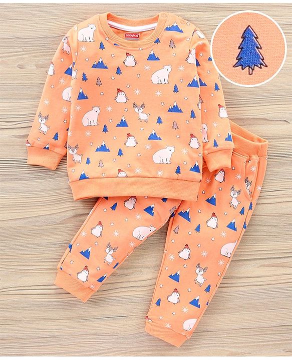 Babyhug Full Sleeves T-Shirt & Joggers Set Polar Bear & Reindeer Print - Orange